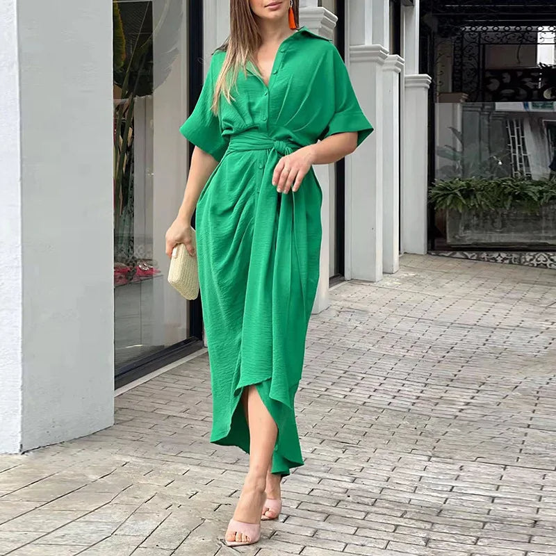 Analia | Maxi Kleid Elegantes Hemddesign mit Taillengürtel, Ideal für Sommerhochzeiten und Festlichkeiten