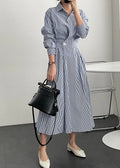 Suzzie | French Blue Striped Peter Pan Collar Patchwork Cotton Shirts Dress Spring