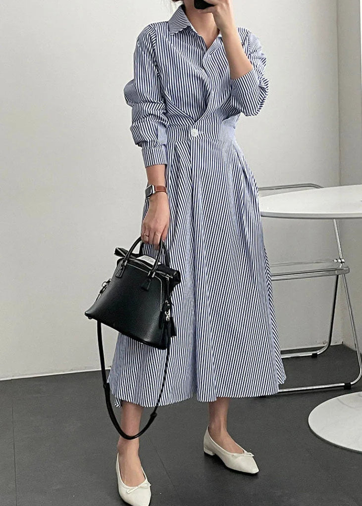 Suzzie | French Blue Striped Peter Pan Collar Patchwork Cotton Shirts Dress Spring