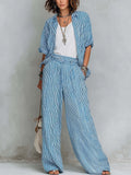 Mainaora | Casual Blue And White Striped Shirt And Wide Leg Pants Set