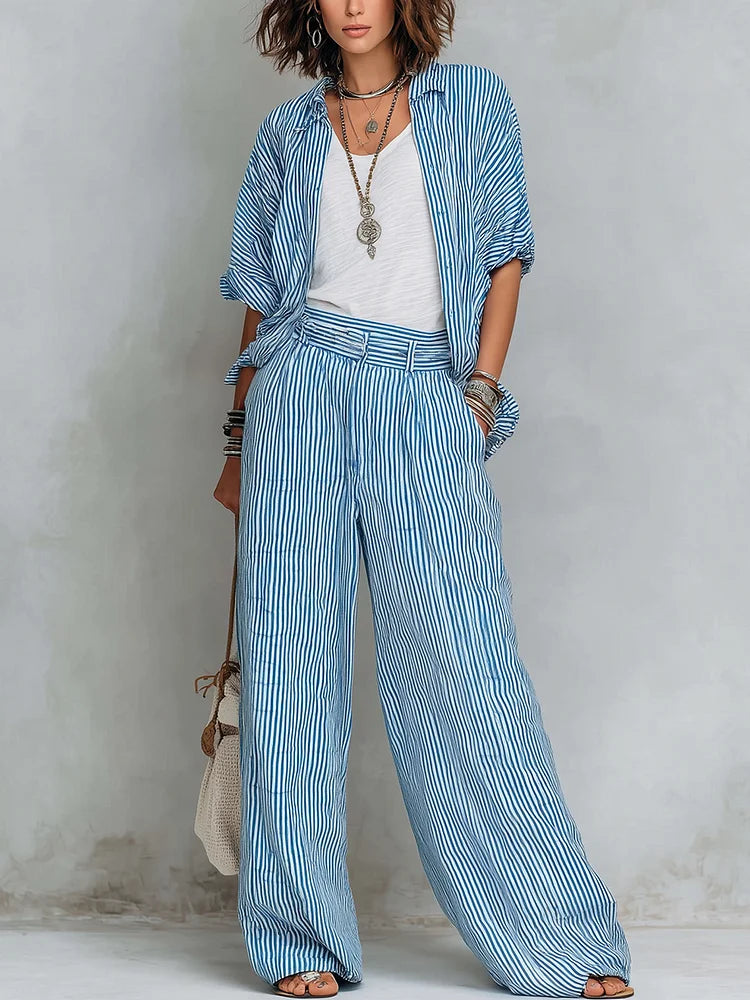 Mainaora | Casual Blue And White Striped Shirt And Wide Leg Pants Set