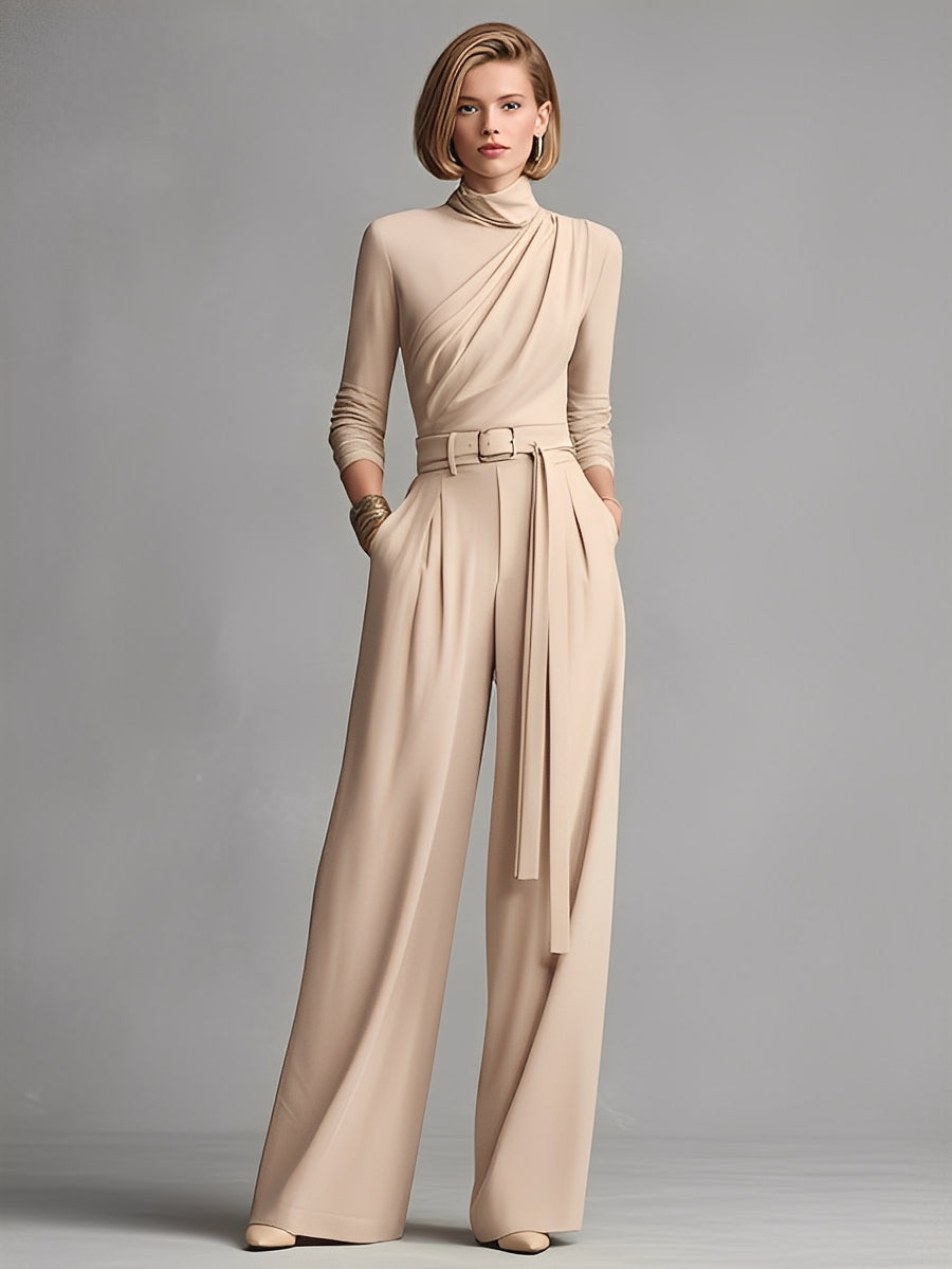 Gaoraina | Women's Neutral-colored Cotton Blend Knit Jumpsuit With Gathered Waist