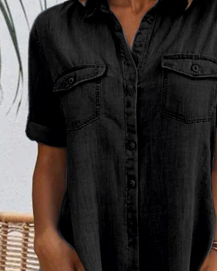 Sveta Kurzärmeliges Denim-Kleid mit Knopfleiste