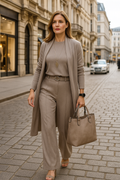 Evanna | 3‑teiliges Set – Basic-Shirt, Cardigan & gerade Hose