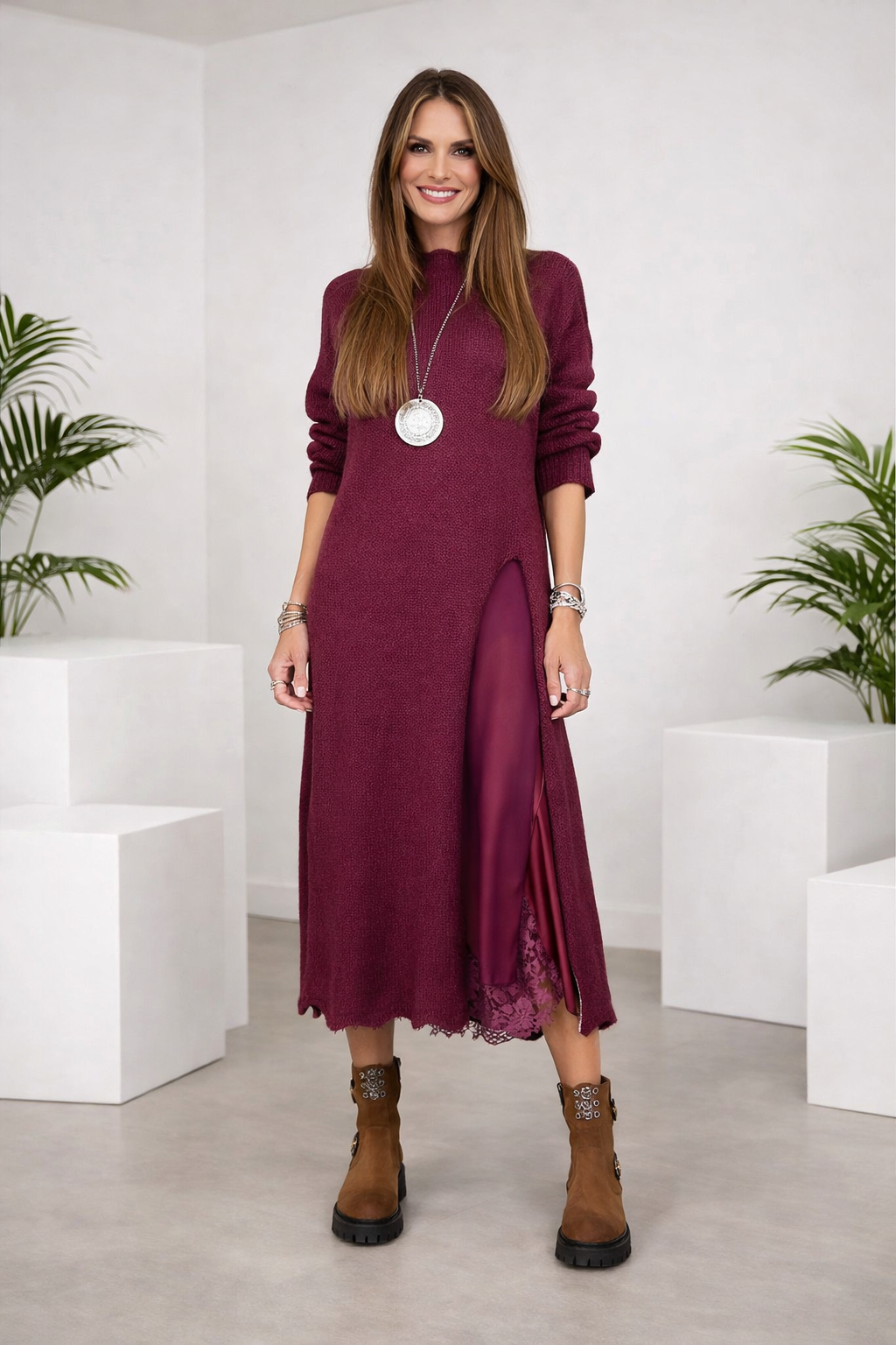 Valérie | Satin-Maxikleid & Feinstrickpullover Set