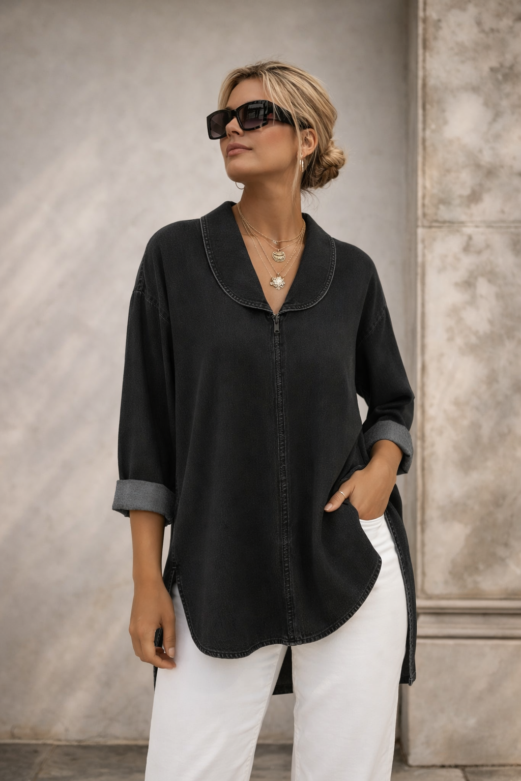 Ava | Retro Denim Top mit Schalkragen