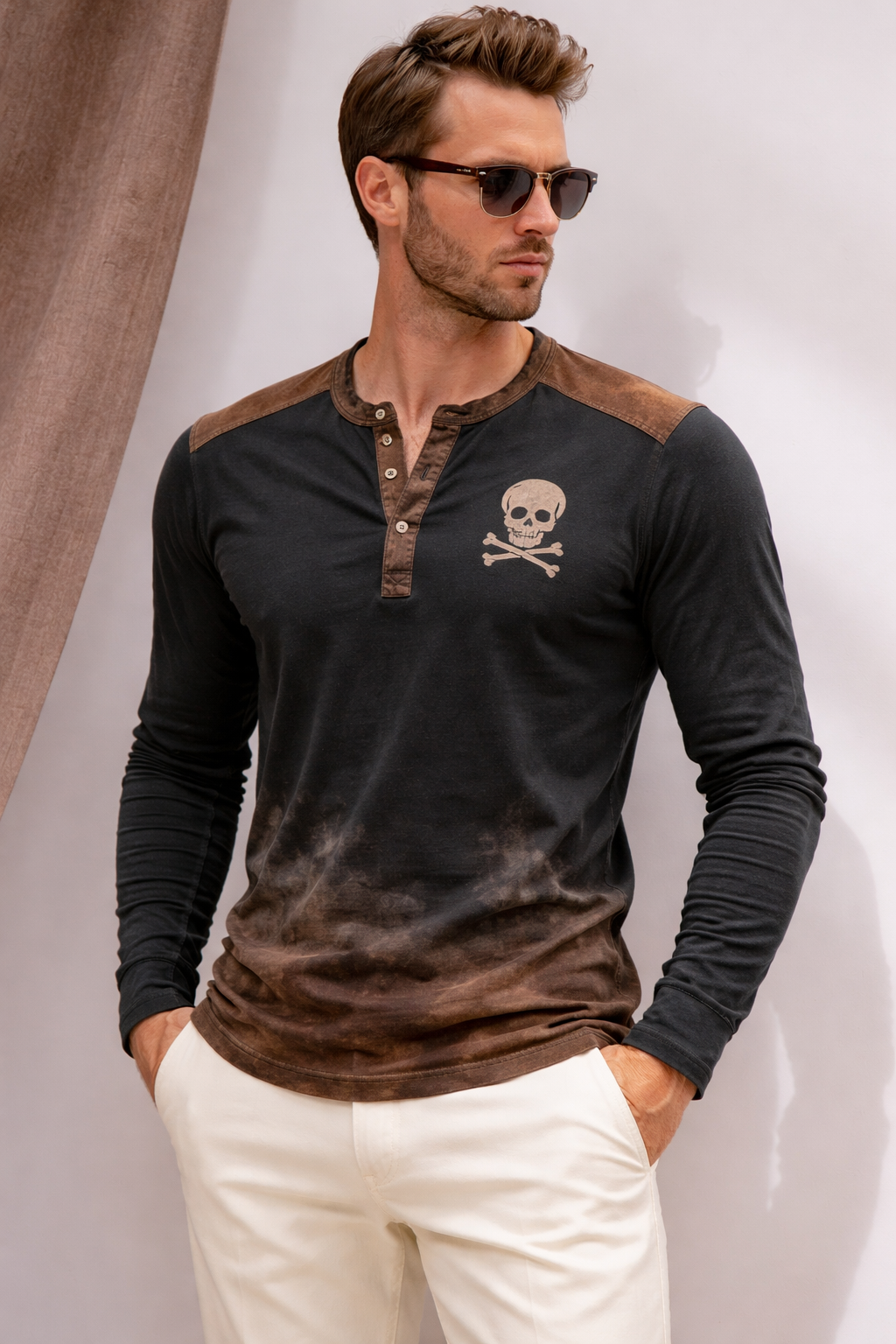 Lässiges Henley-Langarm-T-Shirt mit Muster