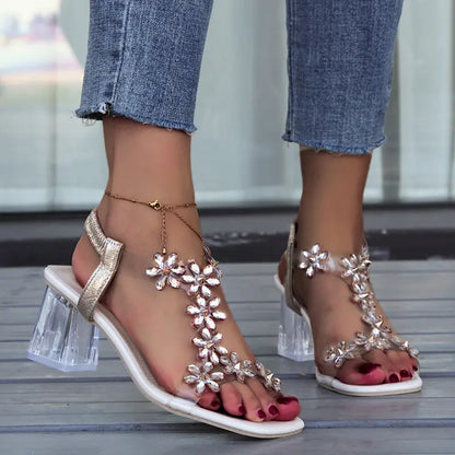 Fiona - Orthopädische Sandalen mit Blockabsatz mit Blumen- & Strasssteinen Design