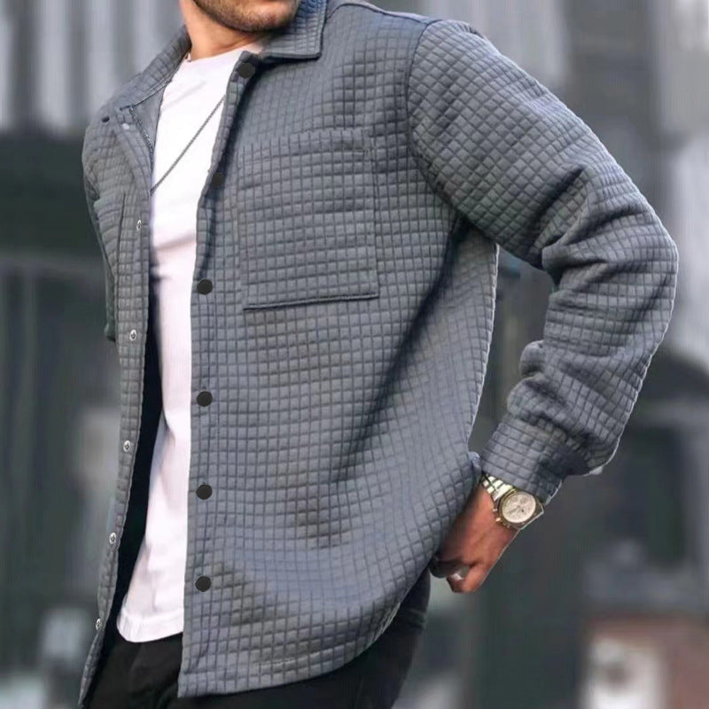 Elian | Retro Waffle Textured Turndown Collar Button Up Solid Long Sleeve Jacket