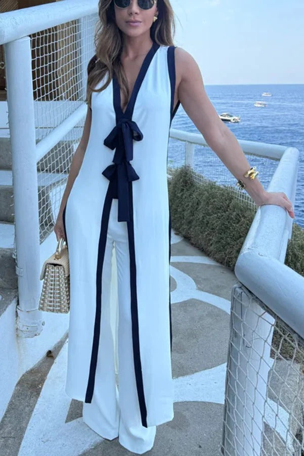 Heeaela | Beach Day Colorblock Bow Detail Slit Midi Top and Elastic Waist Loose Pants Set