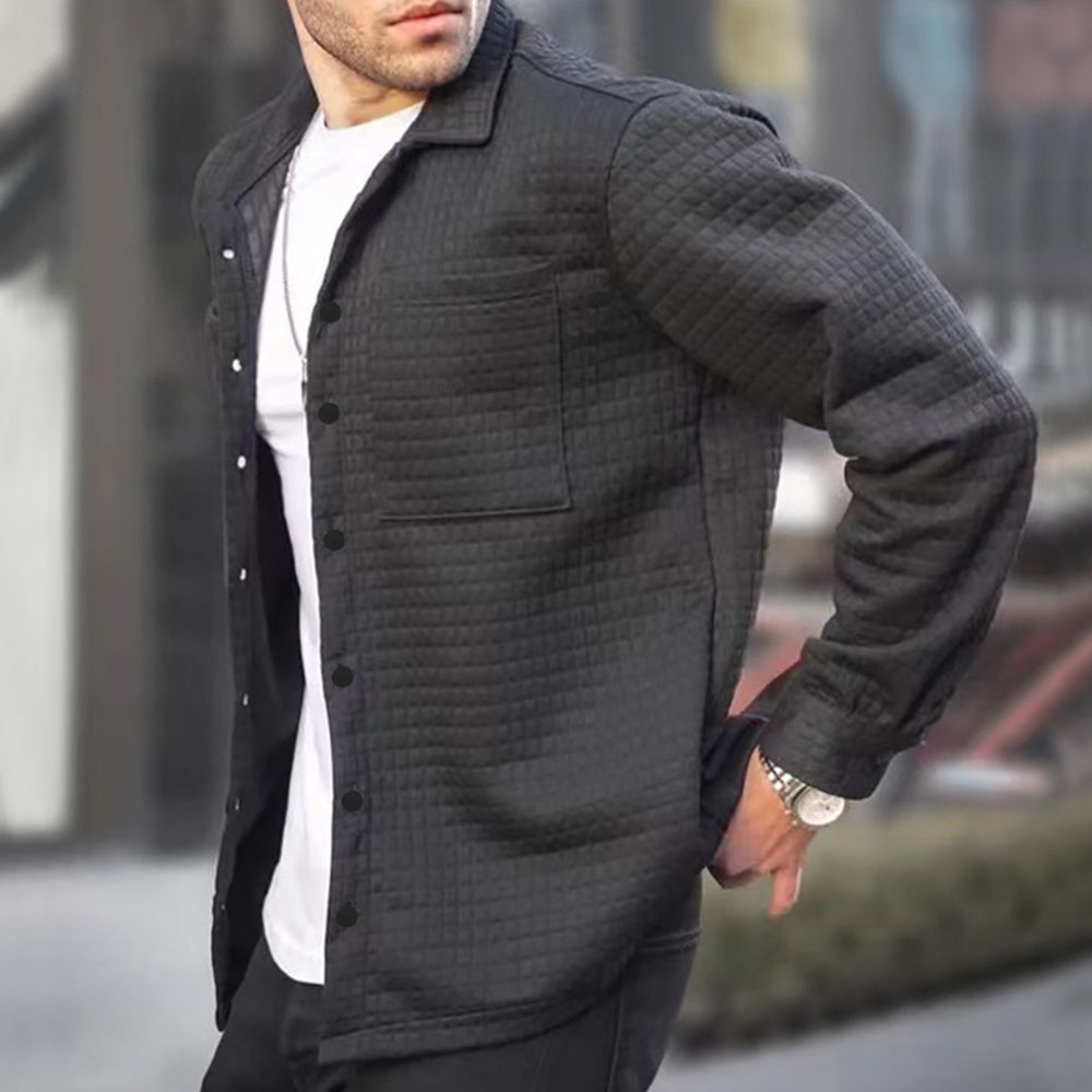 Elian | Retro Waffle Textured Turndown Collar Button Up Solid Long Sleeve Jacket