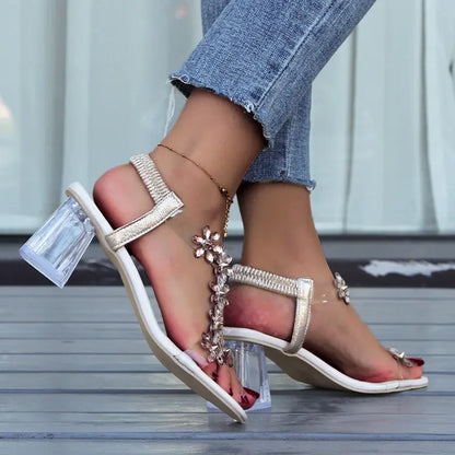 Fiona - Orthopädische Sandalen mit Blockabsatz mit Blumen- & Strasssteinen Design