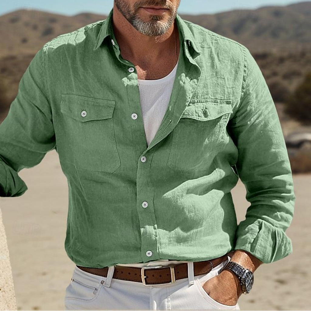 Isak | Men's Vintage Solid Color Lapel Pocket Long Sleeve Cotton And Linen Shirt