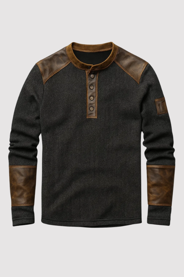 Henry | Vintage Henley-Pullover mit Lederbesatz