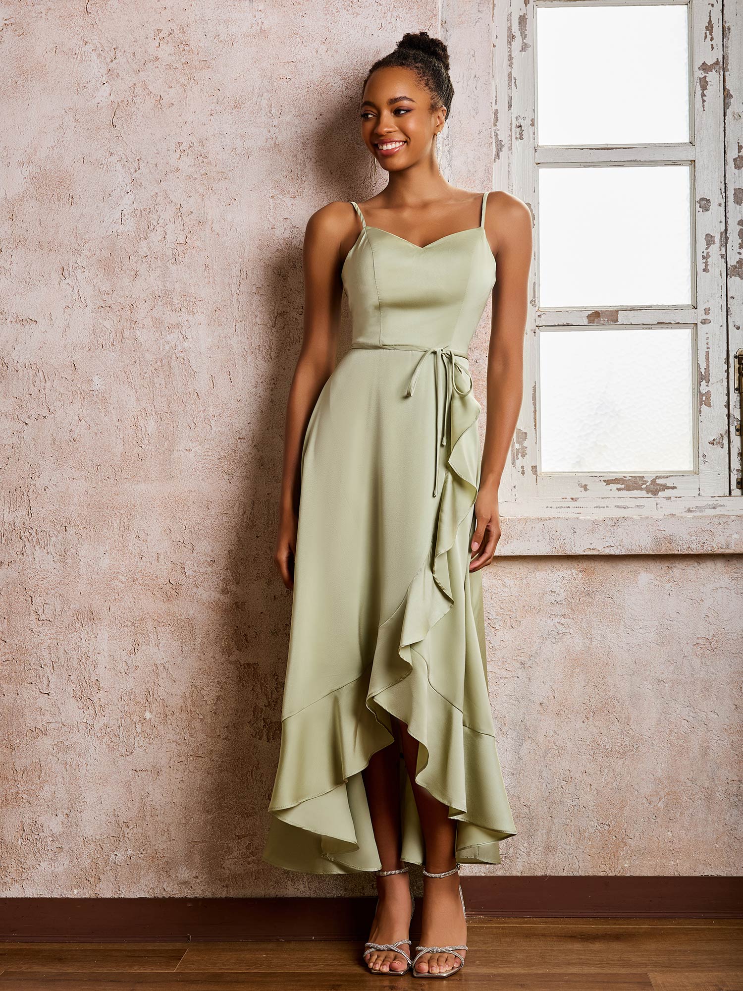 Sofia | Spaghetti Straps Asymmetrical Soft Satin Dresses Dusty Sage