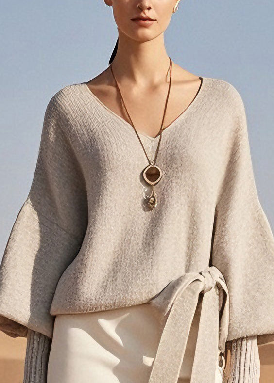 Vina | Classy V Neck Lace Up Knit Short Sweater Top Spring
