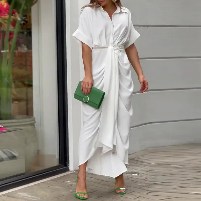 Analia | Maxi Kleid Elegantes Hemddesign mit Taillengürtel, Ideal für Sommerhochzeiten und Festlichkeiten