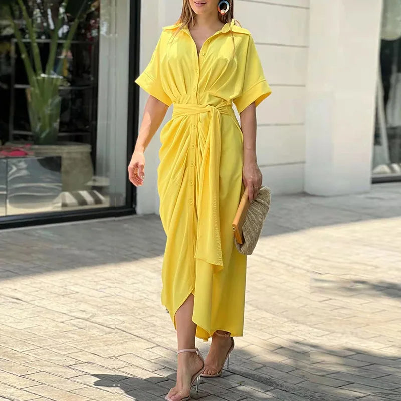 Analia | Maxi Kleid Elegantes Hemddesign mit Taillengürtel, Ideal für Sommerhochzeiten und Festlichkeiten