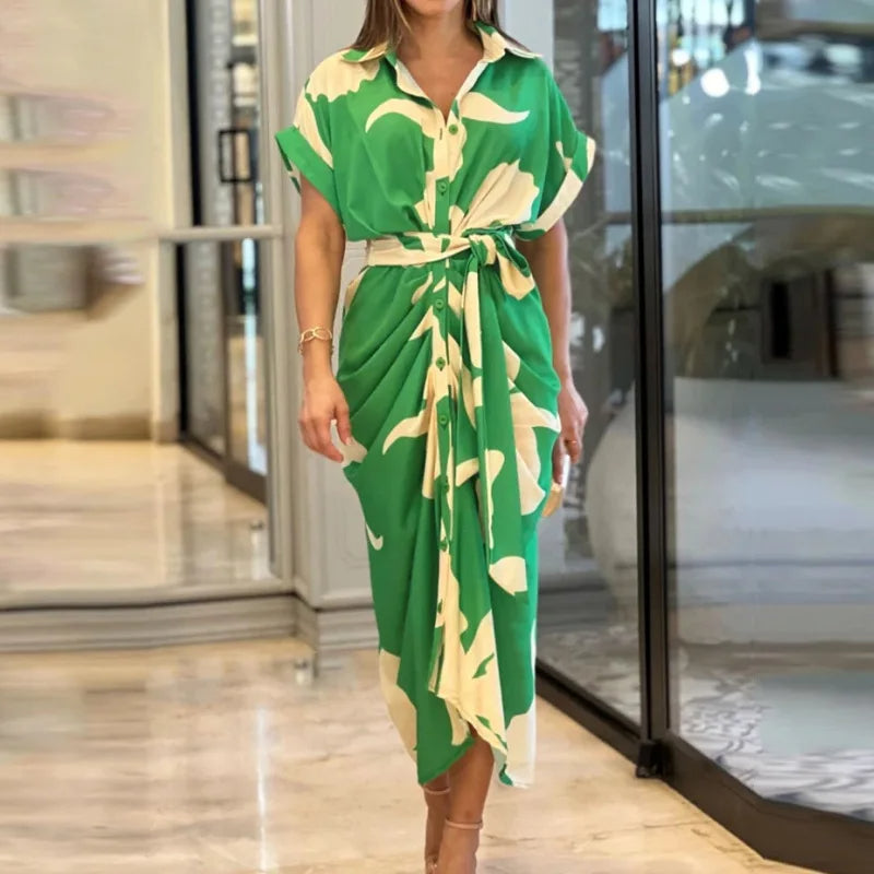 Analia | Maxi Kleid Elegantes Hemddesign mit Taillengürtel, Ideal für Sommerhochzeiten und Festlichkeiten