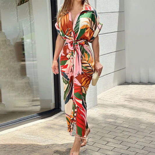 Analia | Maxi Kleid Elegantes Hemddesign mit Taillengürtel, Ideal für Sommerhochzeiten und Festlichkeiten