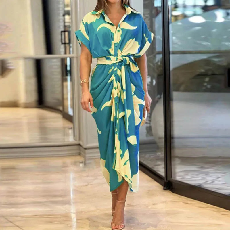Analia | Maxi Kleid Elegantes Hemddesign mit Taillengürtel, Ideal für Sommerhochzeiten und Festlichkeiten