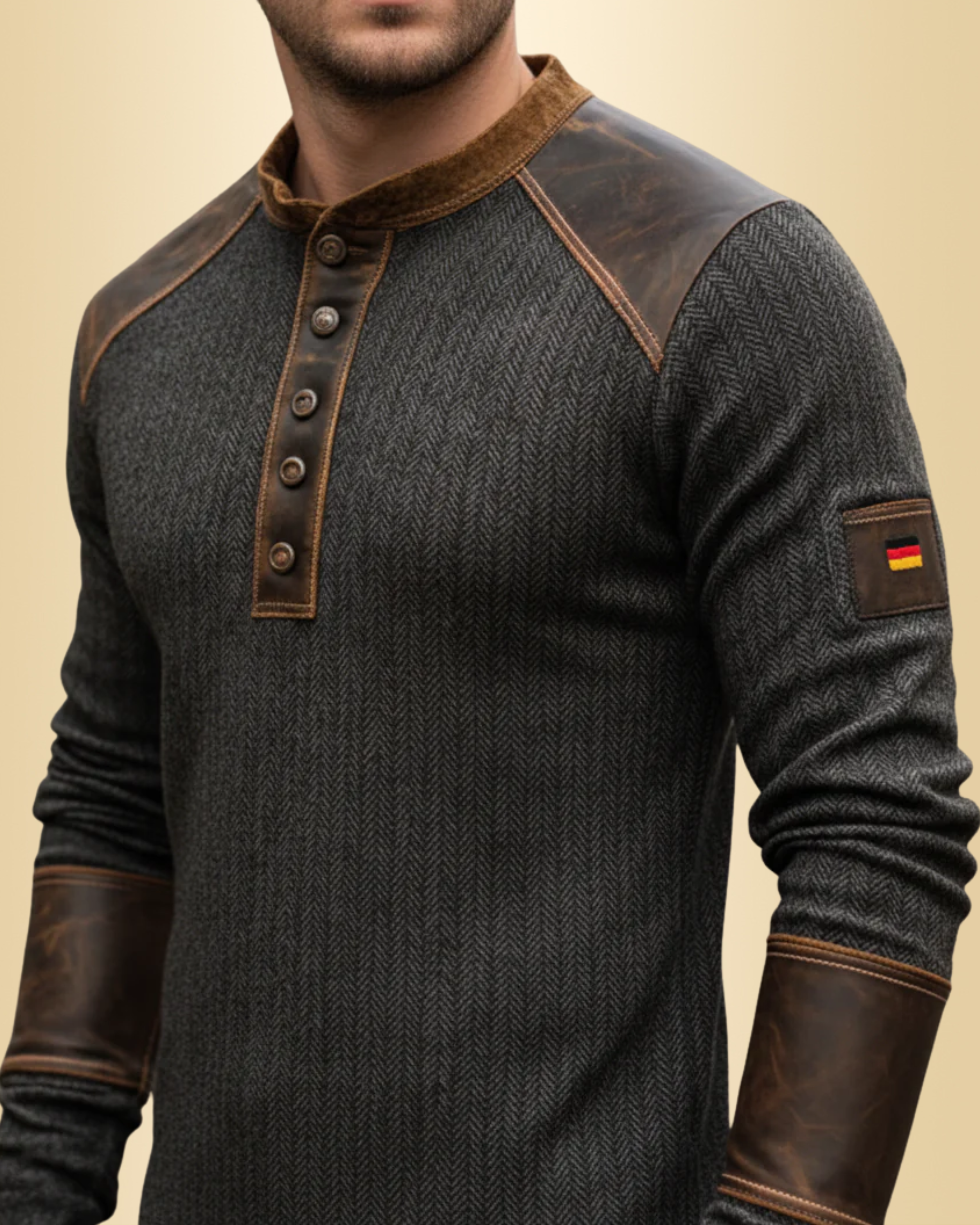 Henry | Vintage Henley-Pullover mit Lederbesatz