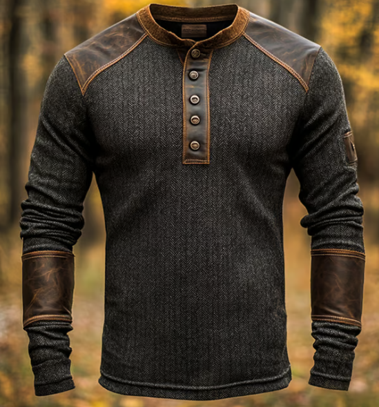 Henry | Vintage Henley-Pullover mit Lederbesatz