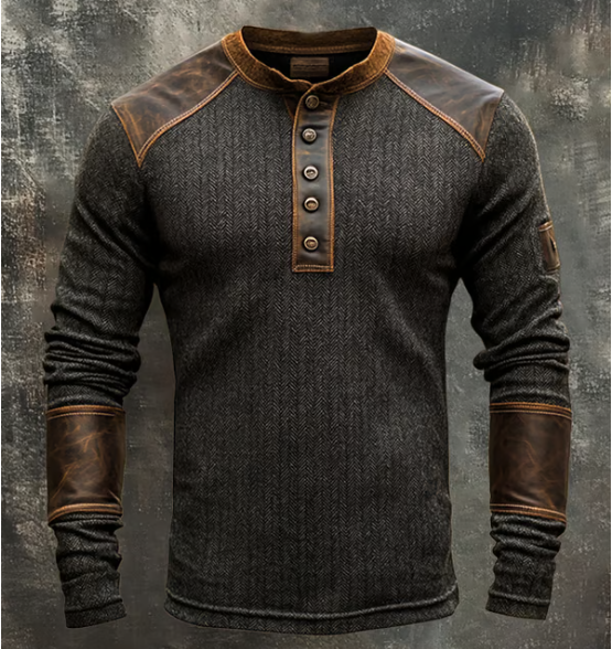 Henry | Vintage Henley-Pullover mit Lederbesatz