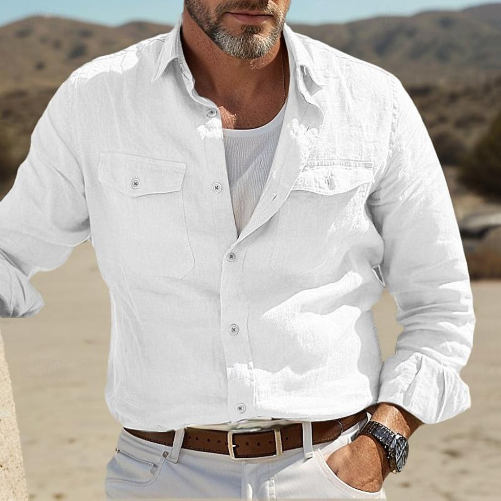 Isak | Men's Vintage Solid Color Lapel Pocket Long Sleeve Cotton And Linen Shirt