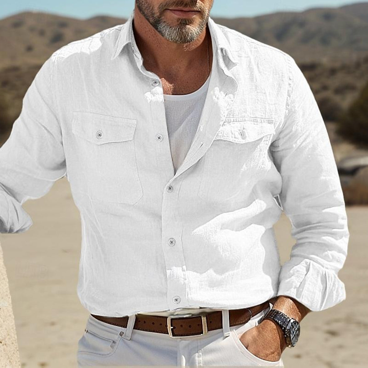 Isak | Men's Vintage Solid Color Lapel Pocket Long Sleeve Cotton And Linen Shirt