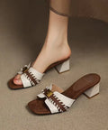 Esaella | Classy Splicing Chunky Beige Cowhide Leather Slide Sandals