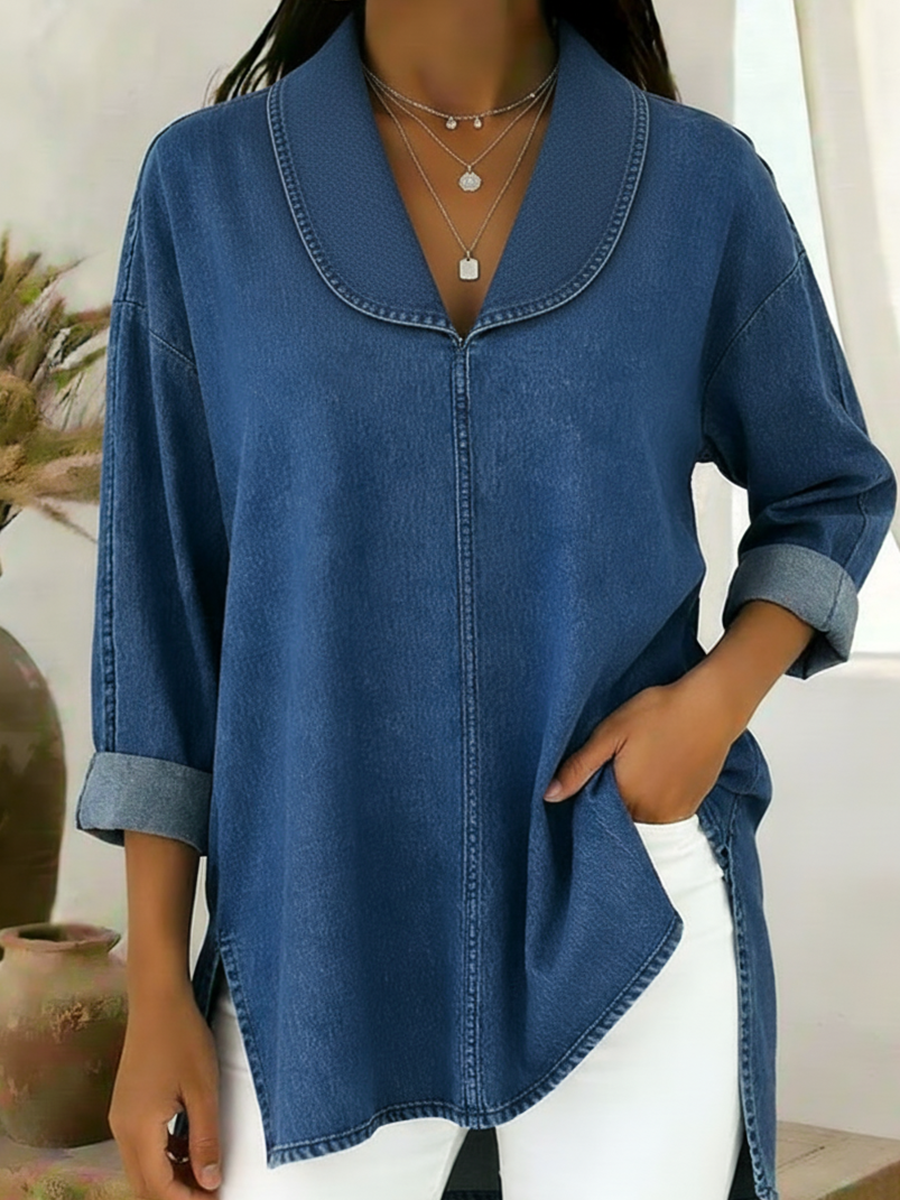 Gaetanaa | Retro Jeans Bluse Mit Schalkragen