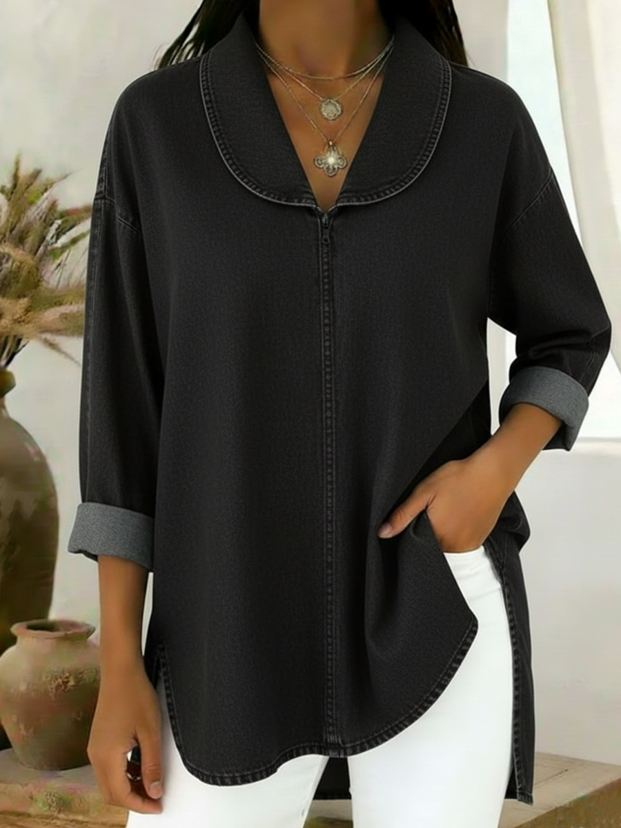Gaetanaa | Retro Jeans Bluse Mit Schalkragen
