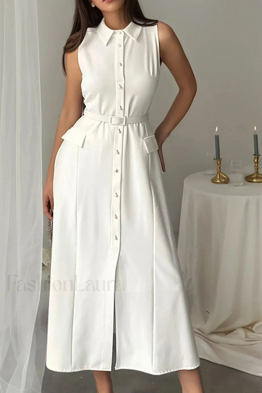Vioora | Solid Sleeveless Pearl Buckle Slim Split Maxi Dress