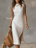 Fiora | Stand-collar Split-hem Cotton And Linen Midi Dress