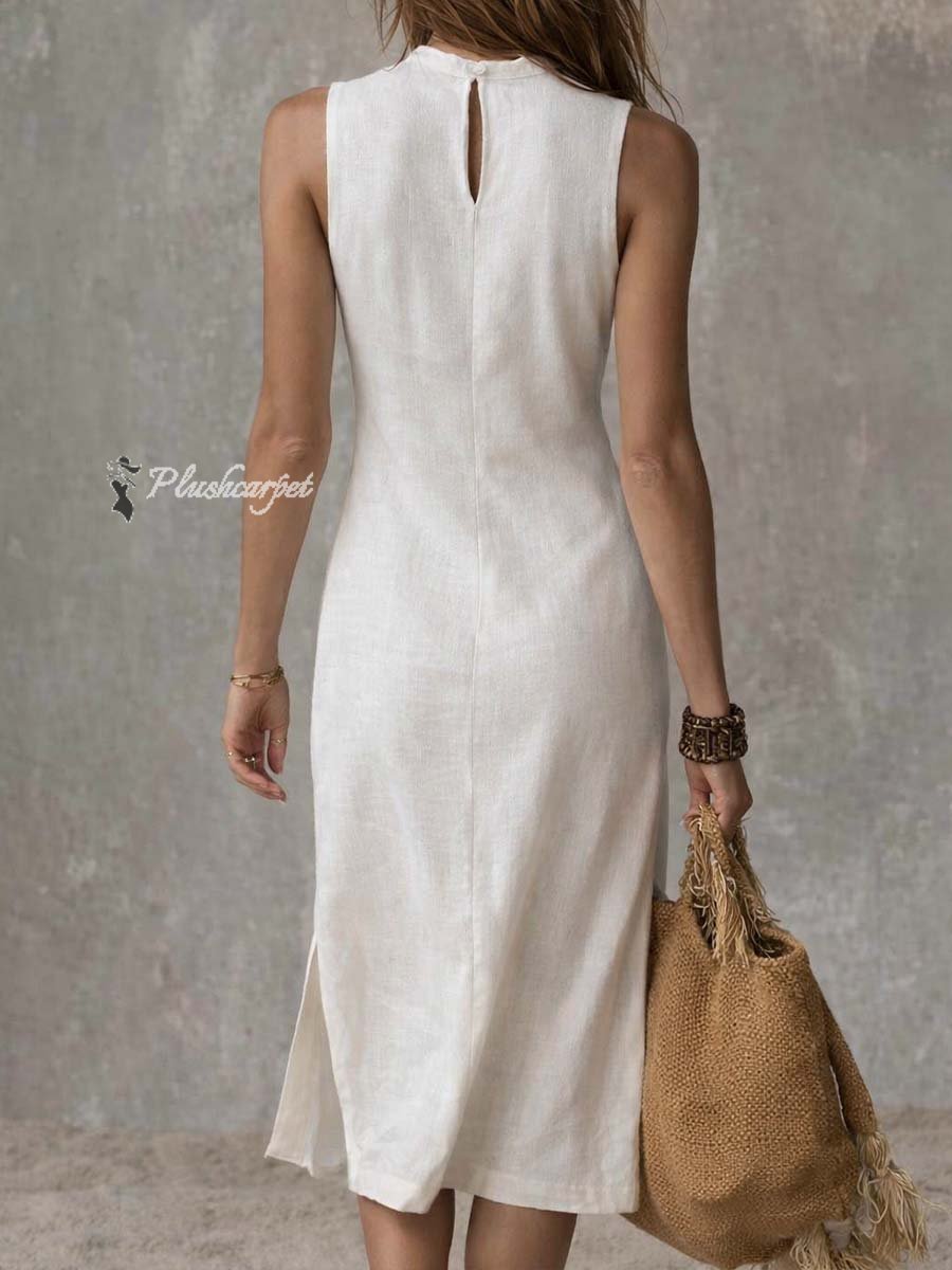 Midi-Kleid mit Stehkragen und Schlitz, aus Baumwolle und Leinen